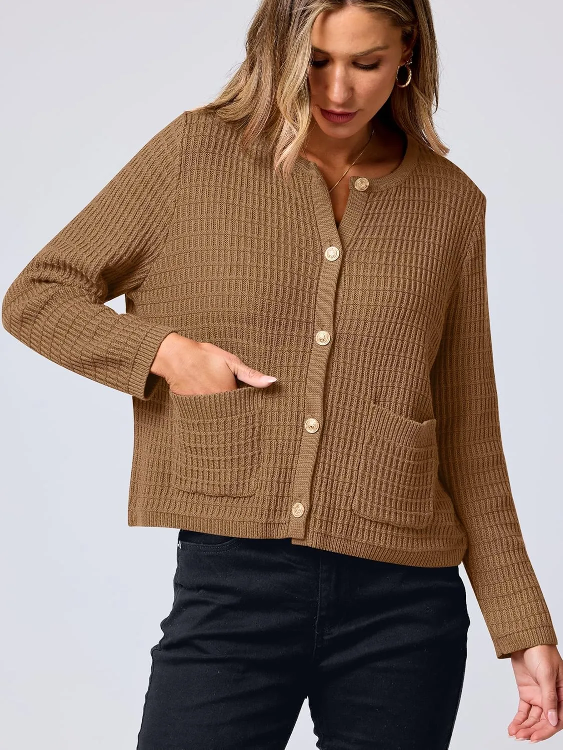 ANRABESS Women Cardigan Sweater Dressy Casual Classic Long Sleeve Crew Neck Button Down Tweed Knit Jacket 2025 Spring Outfits