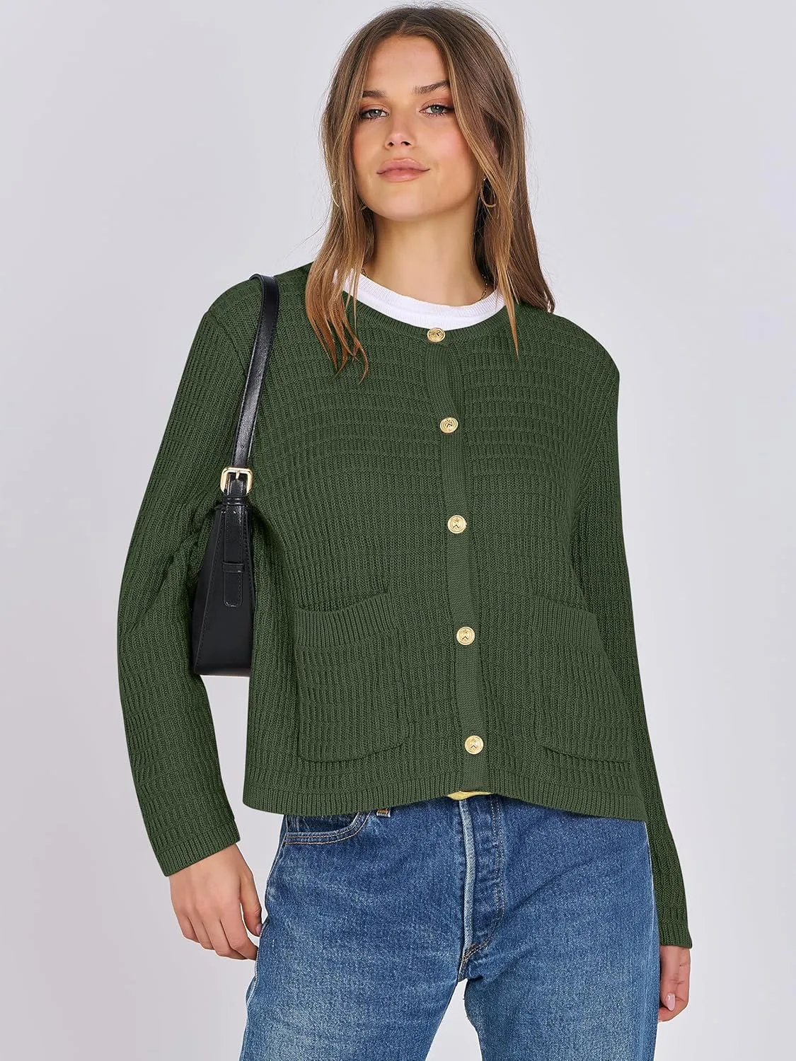 ANRABESS Women Cardigan Sweater Dressy Casual Classic Long Sleeve Crew Neck Button Down Tweed Knit Jacket 2025 Spring Outfits