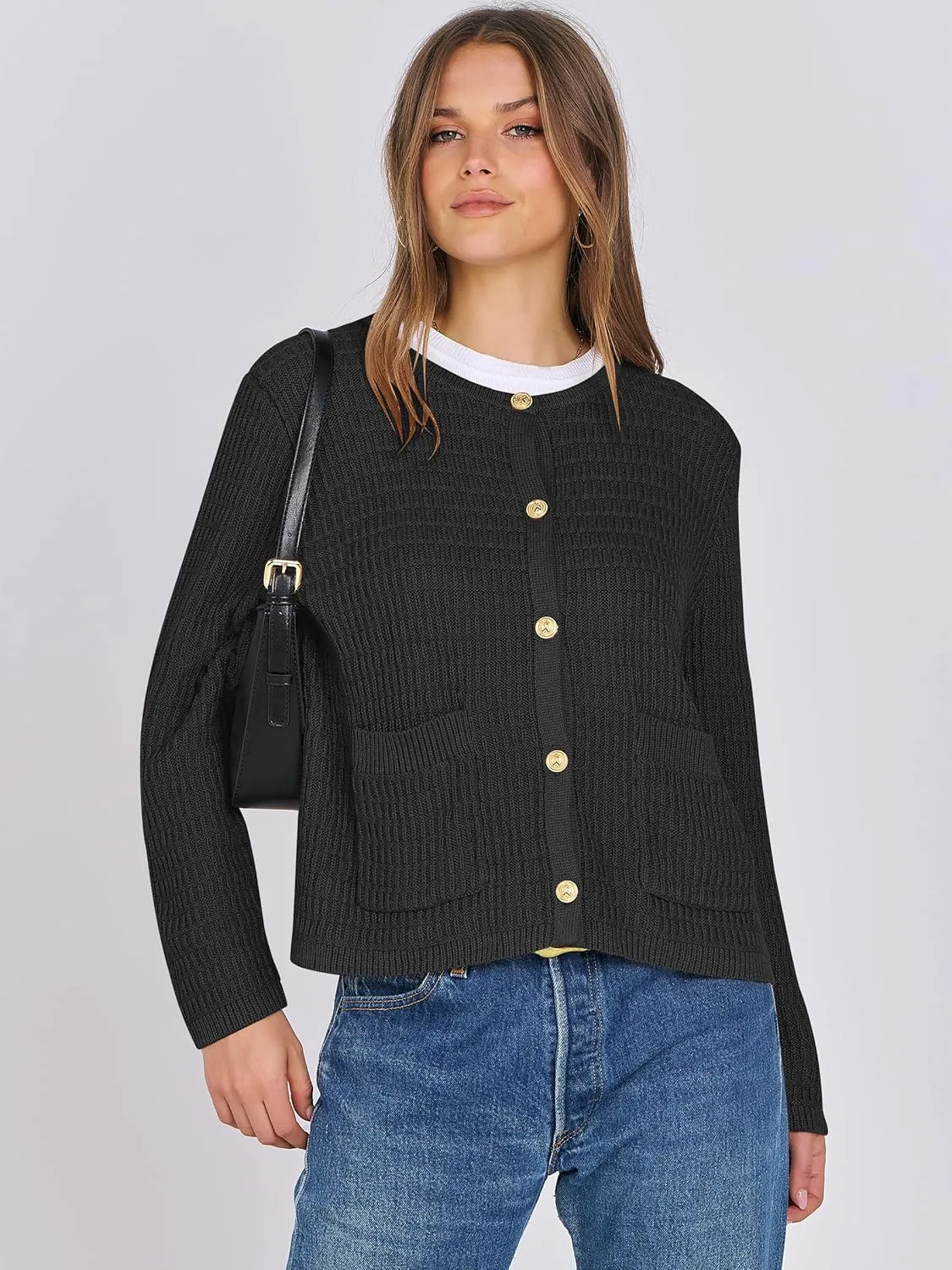 ANRABESS Women Cardigan Sweater Dressy Casual Classic Long Sleeve Crew Neck Button Down Tweed Knit Jacket 2025 Spring Outfits