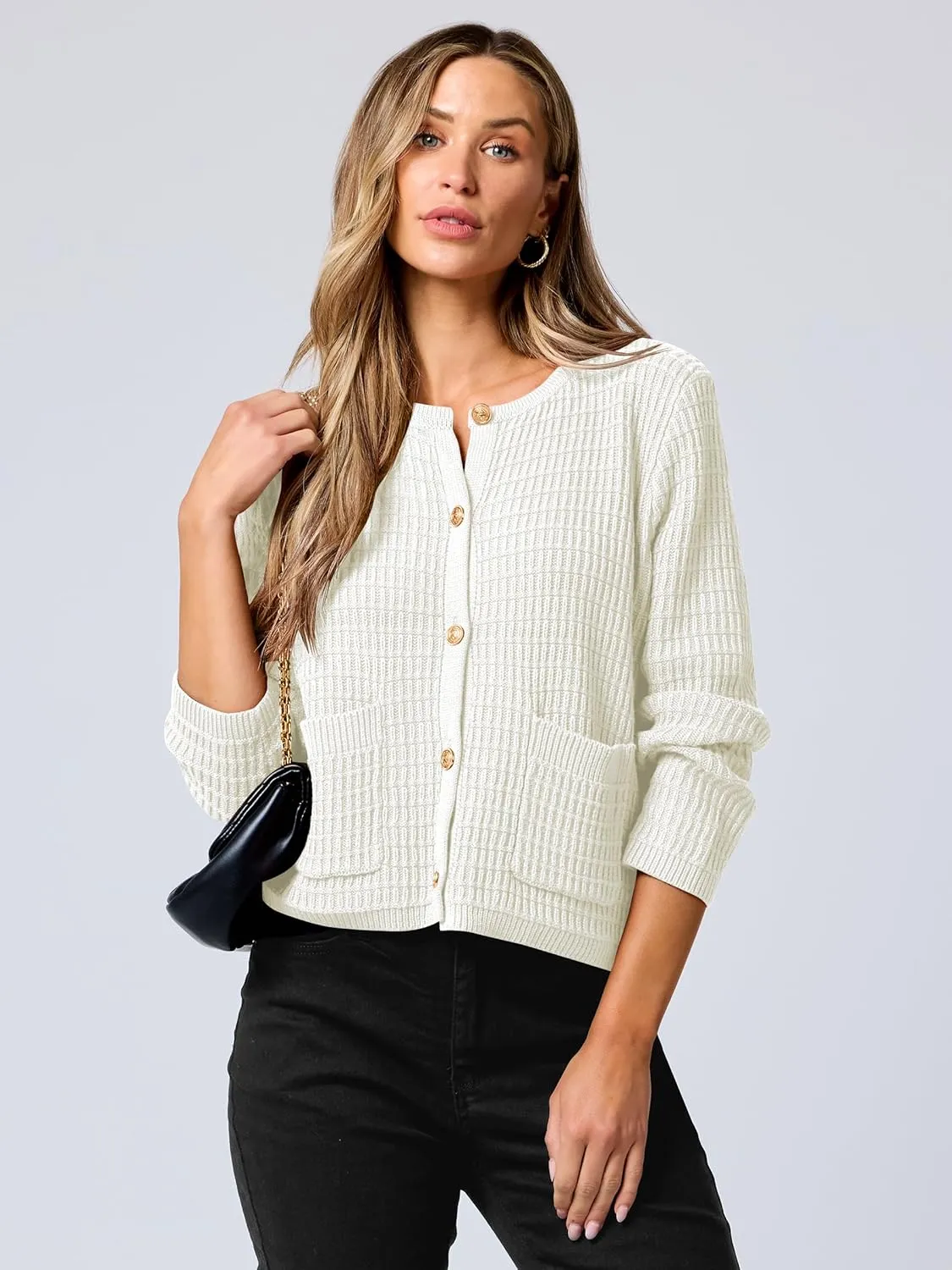 ANRABESS Women Cardigan Sweater Dressy Casual Classic Long Sleeve Crew Neck Button Down Tweed Knit Jacket 2025 Spring Outfits