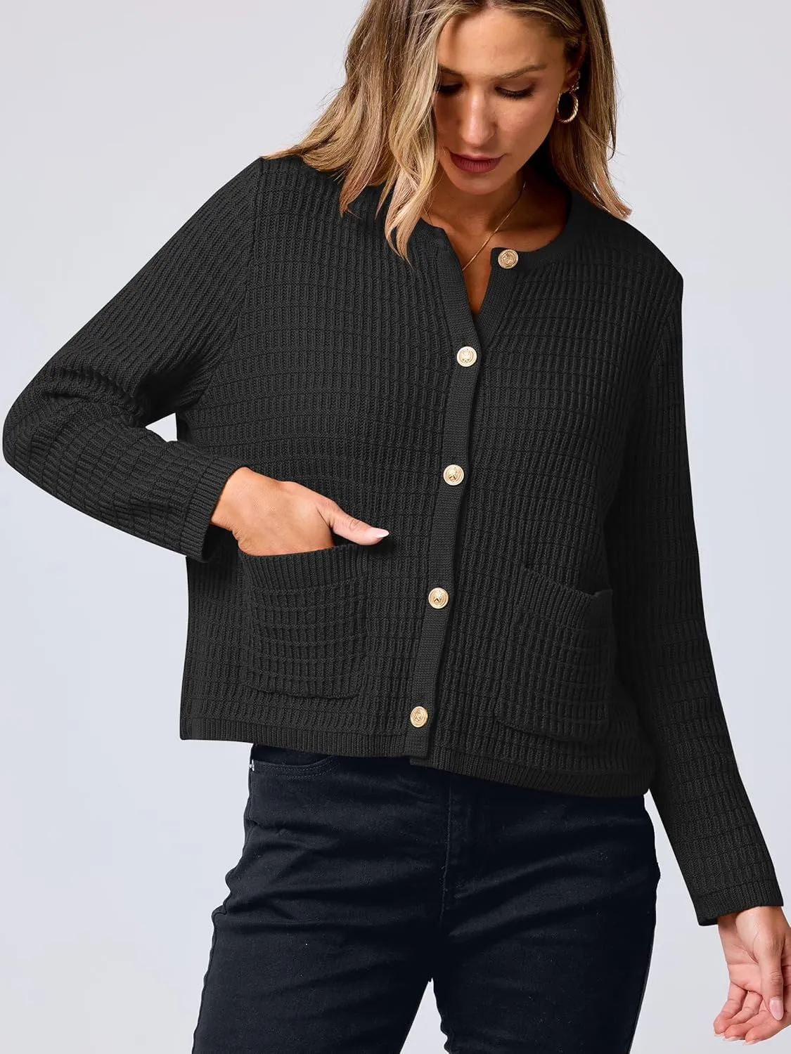 ANRABESS Women Cardigan Sweater Dressy Casual Classic Long Sleeve Crew Neck Button Down Tweed Knit Jacket 2025 Spring Outfits