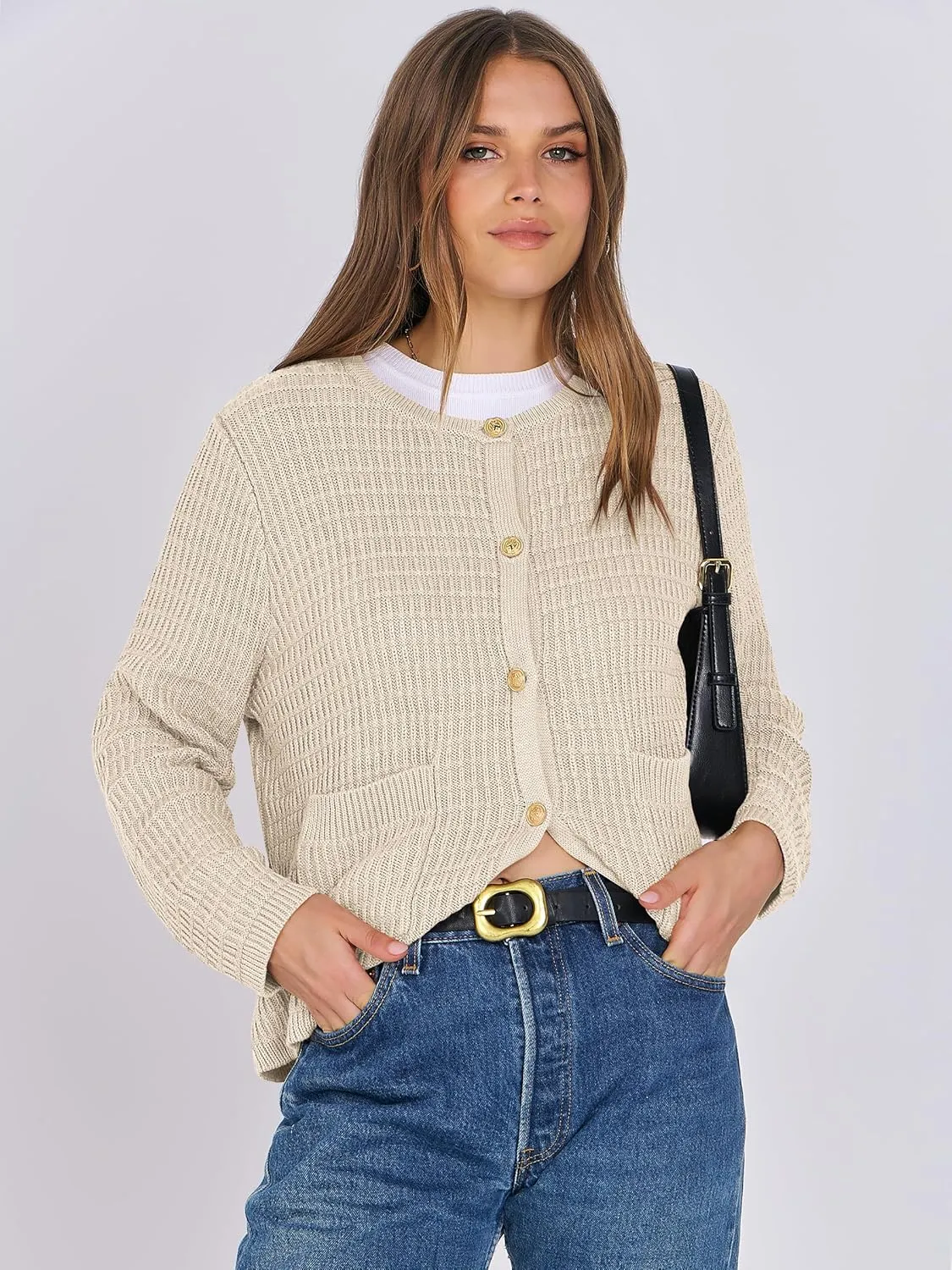 ANRABESS Women Cardigan Sweater Dressy Casual Classic Long Sleeve Crew Neck Button Down Tweed Knit Jacket 2025 Spring Outfits