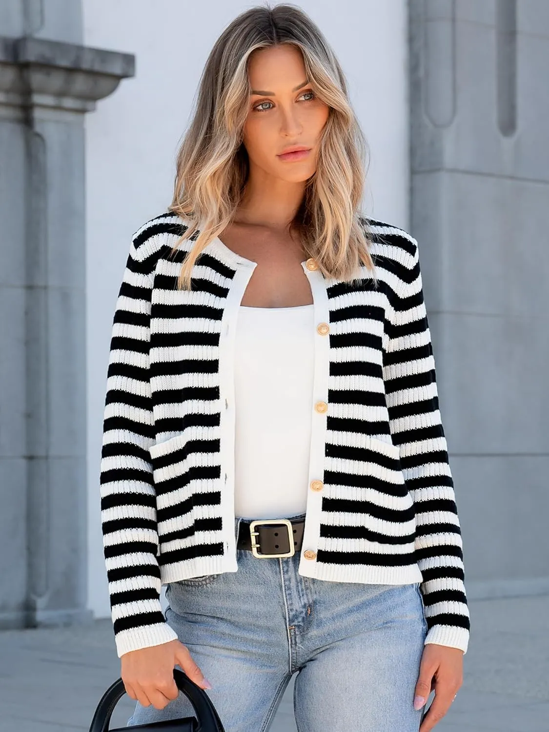 ANRABESS Women Cardigan Sweater Dressy Casual Classic Long Sleeve Crew Neck Button Down Tweed Knit Jacket 2025 Spring Outfits