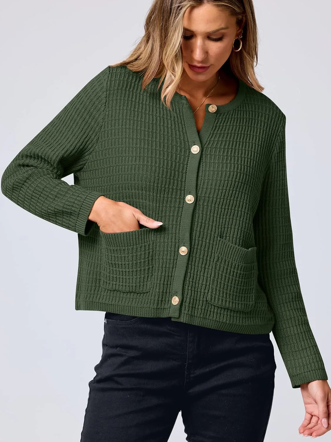 ANRABESS Women Cardigan Sweater Dressy Casual Classic Long Sleeve Crew Neck Button Down Tweed Knit Jacket 2025 Spring Outfits
