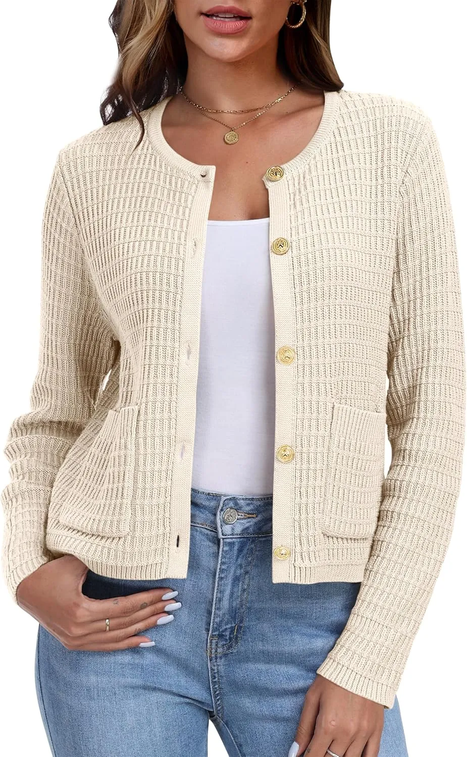 ANRABESS Women Cardigan Sweater Dressy Casual Classic Long Sleeve Crew Neck Button Down Tweed Knit Jacket 2025 Spring Outfits