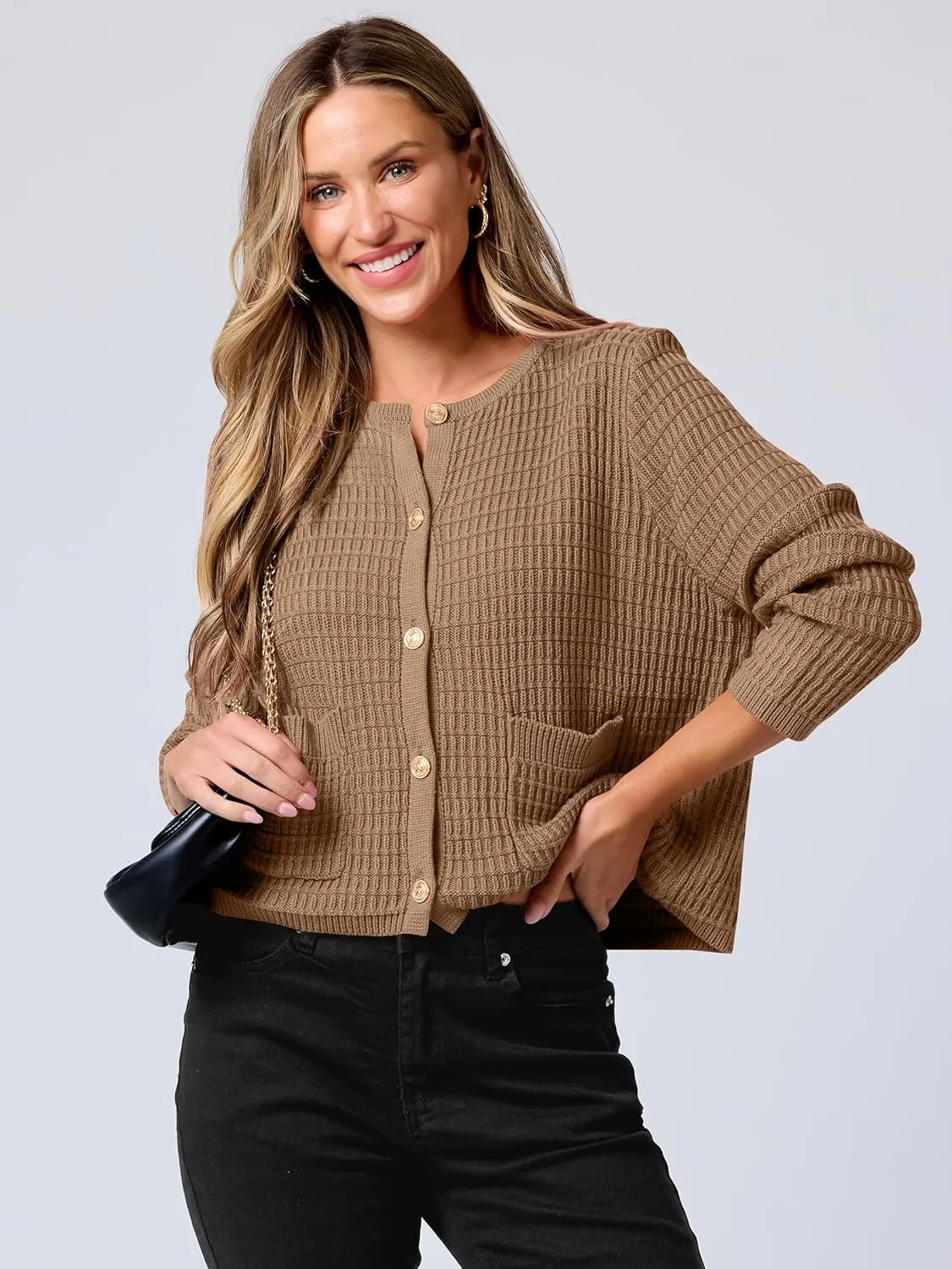 ANRABESS Women Cardigan Sweater Dressy Casual Classic Long Sleeve Crew Neck Button Down Tweed Knit Jacket 2025 Spring Outfits
