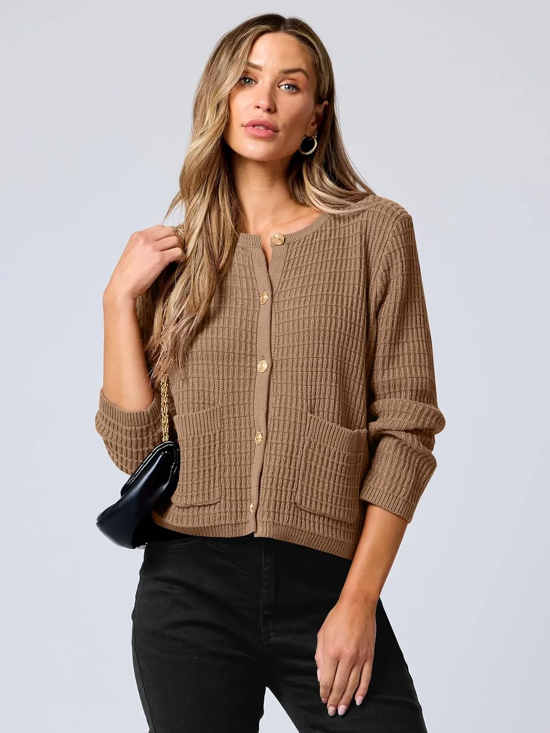 ANRABESS Women Cardigan Sweater Dressy Casual Classic Long Sleeve Crew Neck Button Down Tweed Knit Jacket 2025 Spring Outfits
