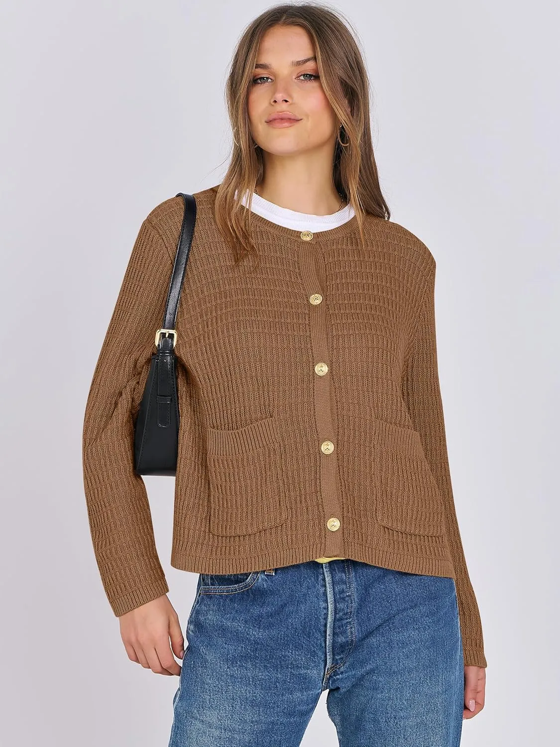 ANRABESS Women Cardigan Sweater Dressy Casual Classic Long Sleeve Crew Neck Button Down Tweed Knit Jacket 2025 Spring Outfits