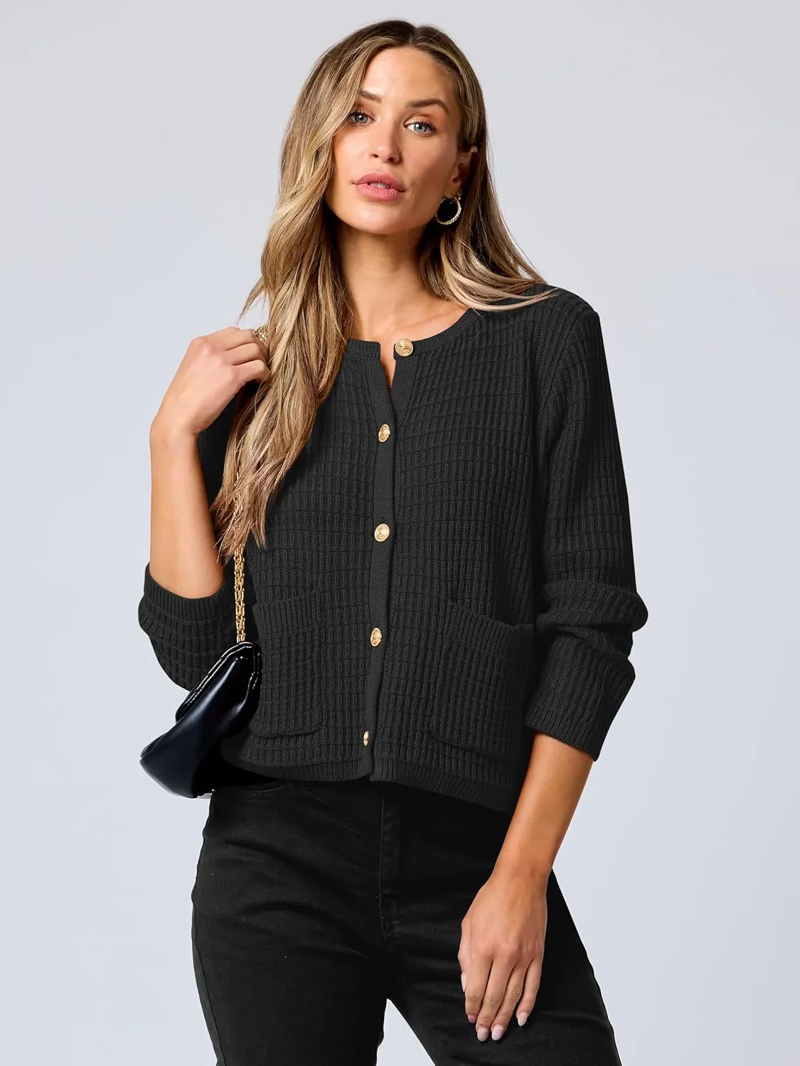 ANRABESS Women Cardigan Sweater Dressy Casual Classic Long Sleeve Crew Neck Button Down Tweed Knit Jacket 2025 Spring Outfits