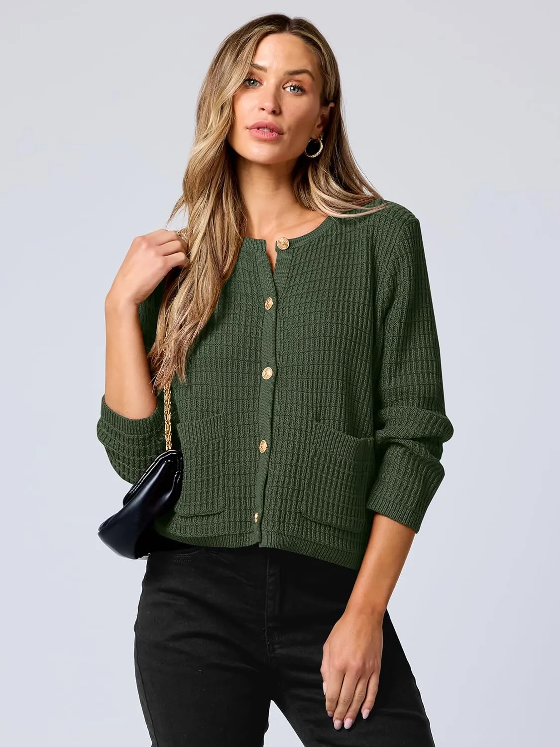 ANRABESS Women Cardigan Sweater Dressy Casual Classic Long Sleeve Crew Neck Button Down Tweed Knit Jacket 2025 Spring Outfits