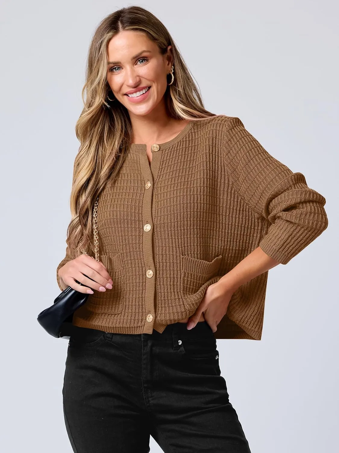 ANRABESS Women Cardigan Sweater Dressy Casual Classic Long Sleeve Crew Neck Button Down Tweed Knit Jacket 2025 Spring Outfits