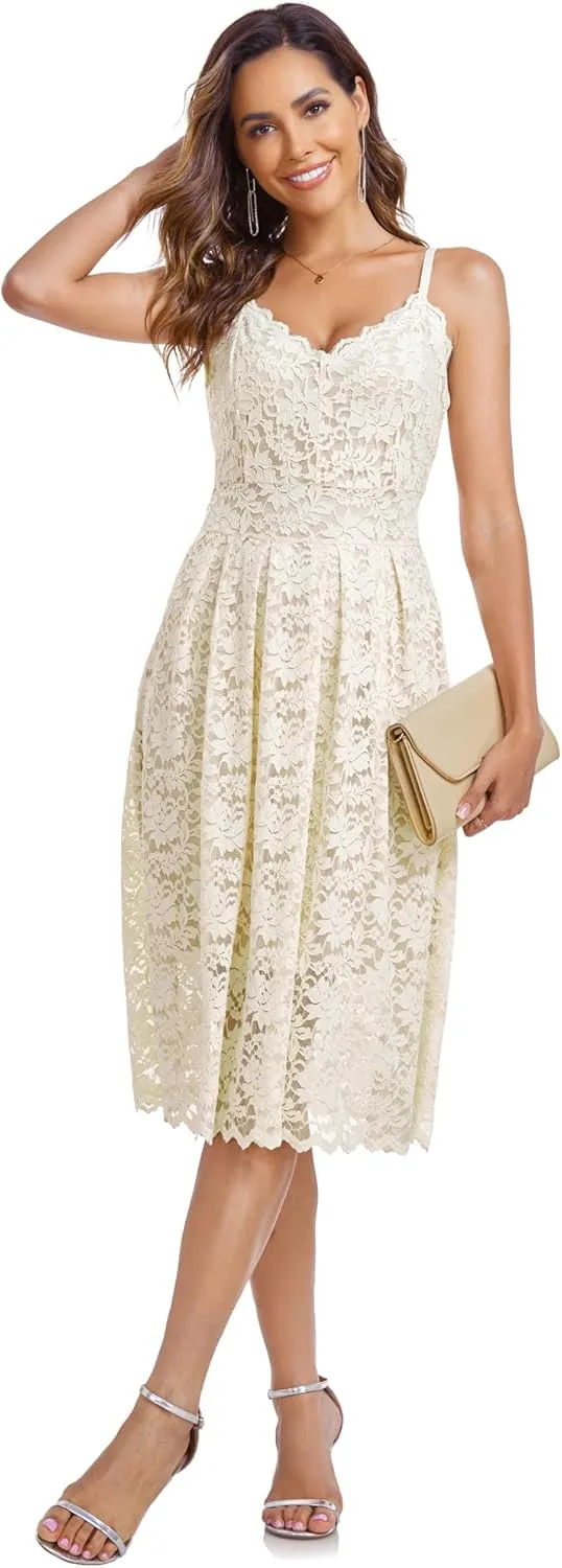Atnlewhi Womens Spaghetti Strap V Neck Sleeveless A Line Lace Dresses for Evening Cocktail Formal Wedding Guest