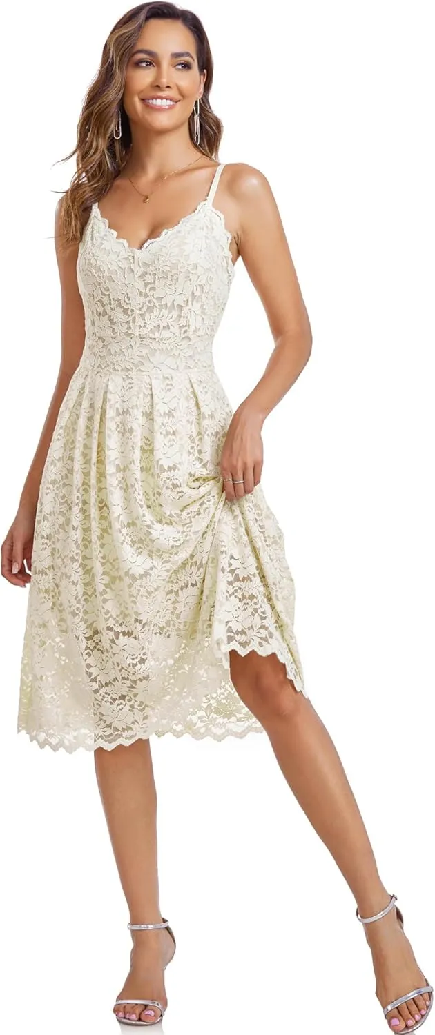 Atnlewhi Womens Spaghetti Strap V Neck Sleeveless A Line Lace Dresses for Evening Cocktail Formal Wedding Guest