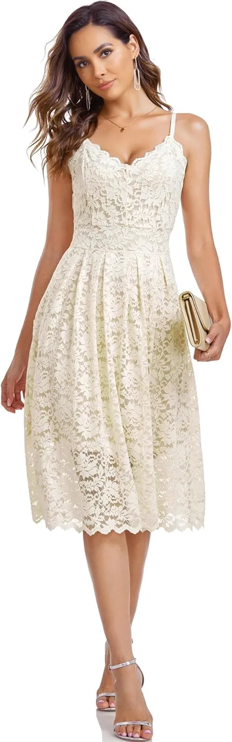Atnlewhi Womens Spaghetti Strap V Neck Sleeveless A Line Lace Dresses for Evening Cocktail Formal Wedding Guest