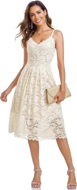 Atnlewhi Womens Spaghetti Strap V Neck Sleeveless A Line Lace Dresses for Evening Cocktail Formal Wedding Guest