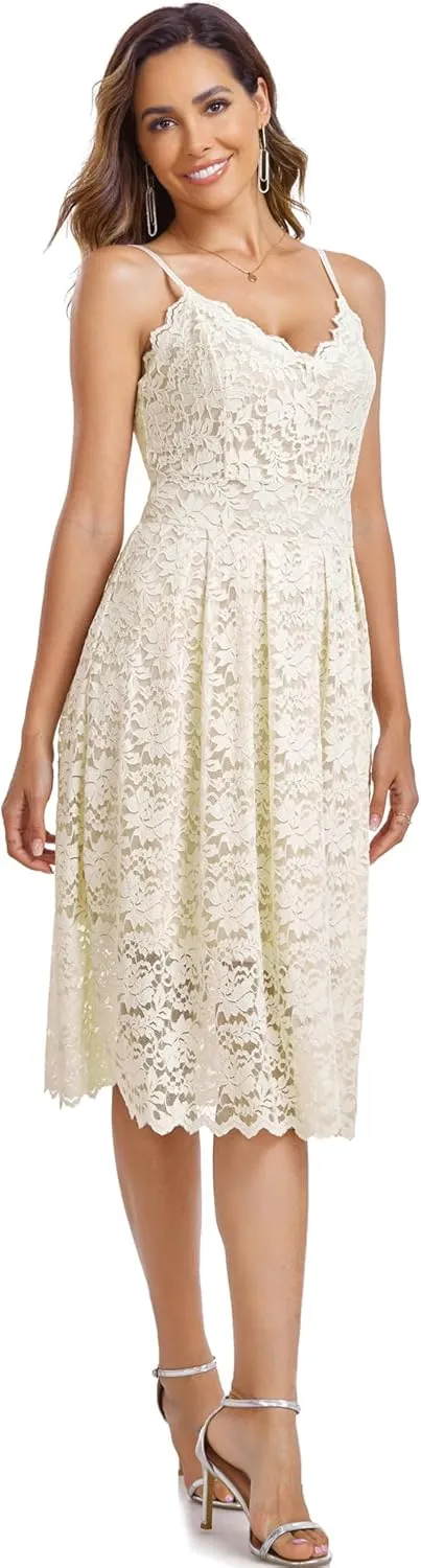 Atnlewhi Womens Spaghetti Strap V Neck Sleeveless A Line Lace Dresses for Evening Cocktail Formal Wedding Guest