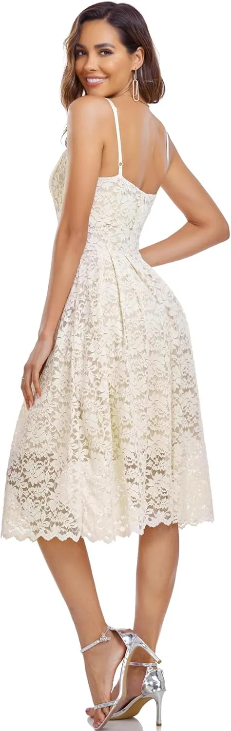 Atnlewhi Womens Spaghetti Strap V Neck Sleeveless A Line Lace Dresses for Evening Cocktail Formal Wedding Guest