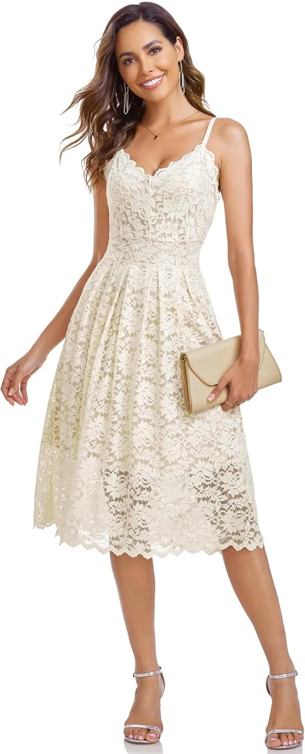Atnlewhi Womens Spaghetti Strap V Neck Sleeveless A Line Lace Dresses for Evening Cocktail Formal Wedding Guest