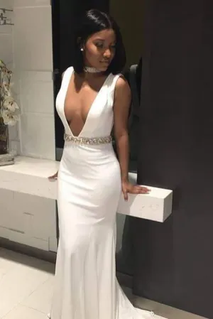 Attractive Elegant Mermaid Deep V Neck Prom Dresses