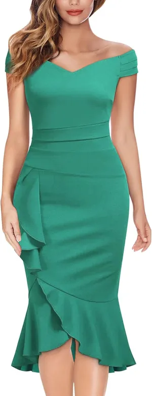 BAXLIMEK Cocktail Dresses for Women,2025 Elegant Sexy Bodycon Off Shoulder Formal Dress Ruffle Irregular Slit Hem Party Dress