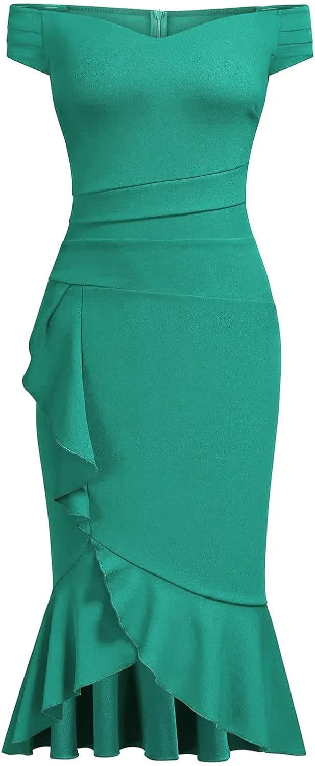 BAXLIMEK Cocktail Dresses for Women,2025 Elegant Sexy Bodycon Off Shoulder Formal Dress Ruffle Irregular Slit Hem Party Dress