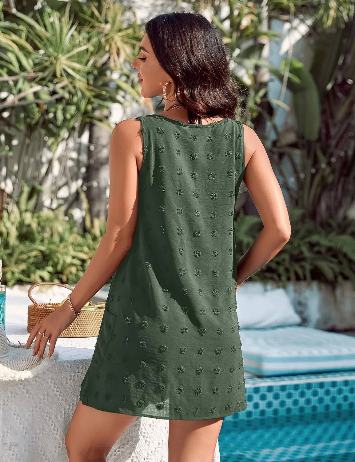 Blooming Jelly Womens Casual Sun Summer Dresses Swiss Polka Dot Beach Cover Up V Neck Tank Dress with Pockets
