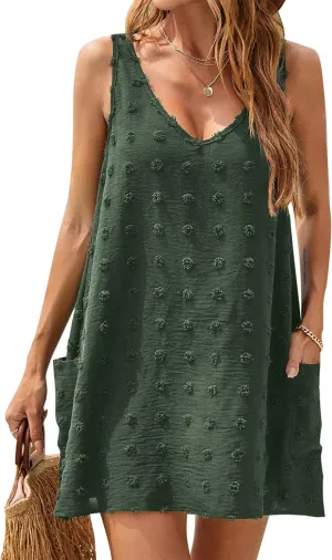 Blooming Jelly Womens Casual Sun Summer Dresses Swiss Polka Dot Beach Cover Up V Neck Tank Dress with Pockets