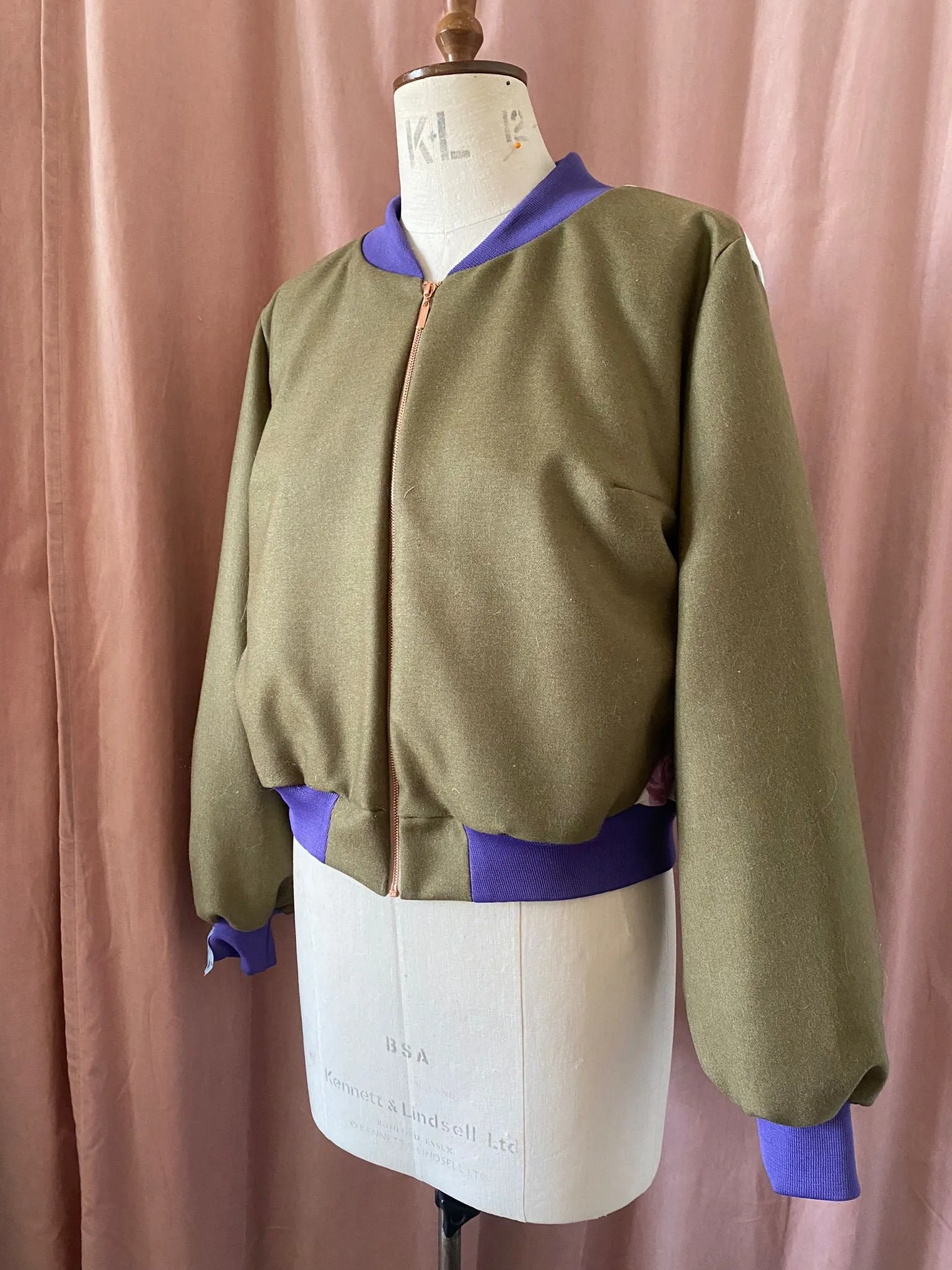 Bomber Jacket Green Wool Tweed with Floral Print and Applique Sparkles - Size L