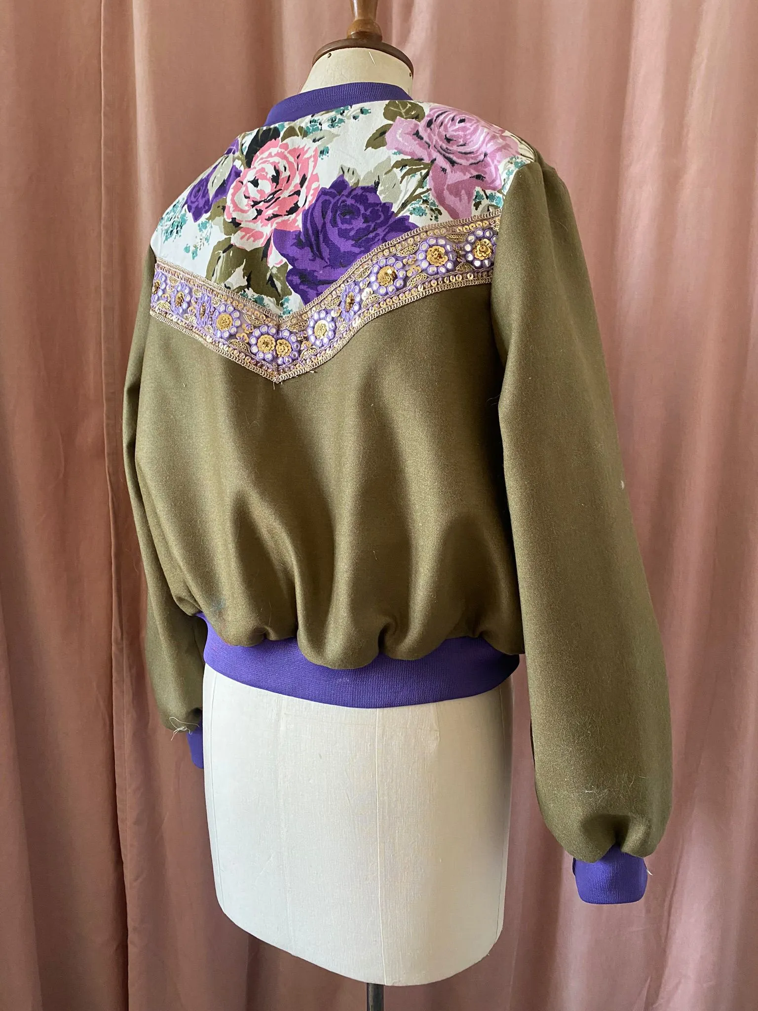 Bomber Jacket Green Wool Tweed with Floral Print and Applique Sparkles - Size L