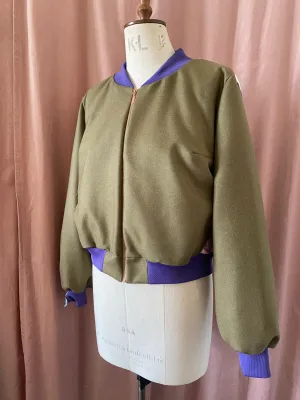 Bomber Jacket Green Wool Tweed with Floral Print and Applique Sparkles - Size L