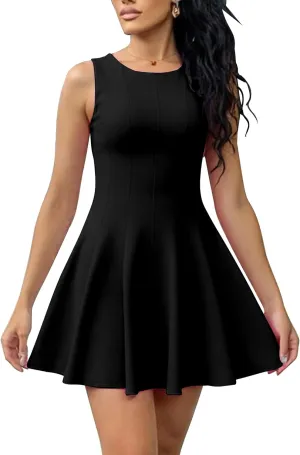 BORIFLORS Women's Boat Neck A-Line Flowy Ruffle Hem Mini Dress Casual Sleeveless Party Short Dresses