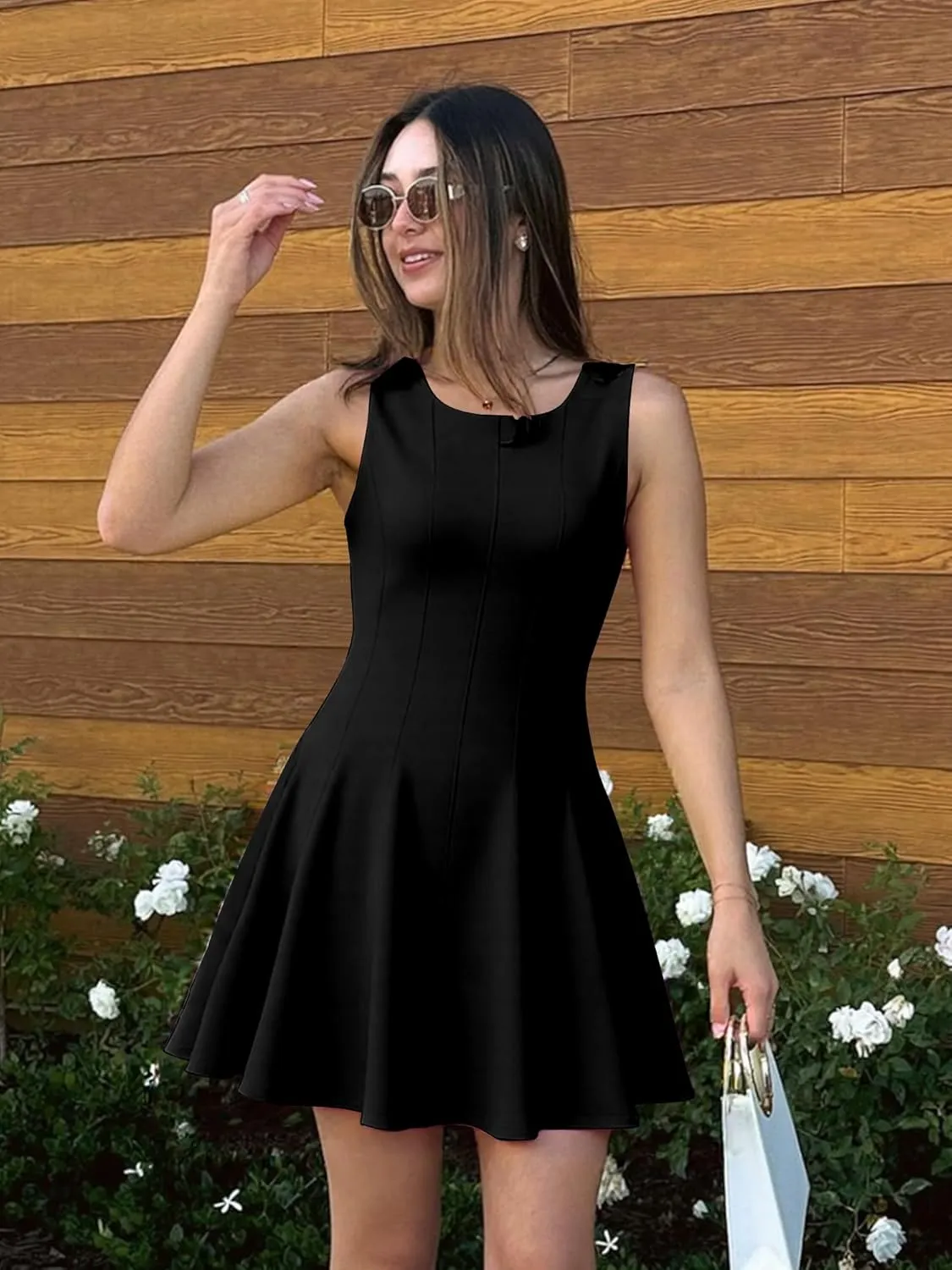 BORIFLORS Women's Boat Neck A-Line Flowy Ruffle Hem Mini Dress Casual Sleeveless Party Short Dresses
