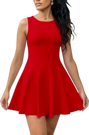 BORIFLORS Women's Boat Neck A-Line Flowy Ruffle Hem Mini Dress Casual Sleeveless Party Short Dresses