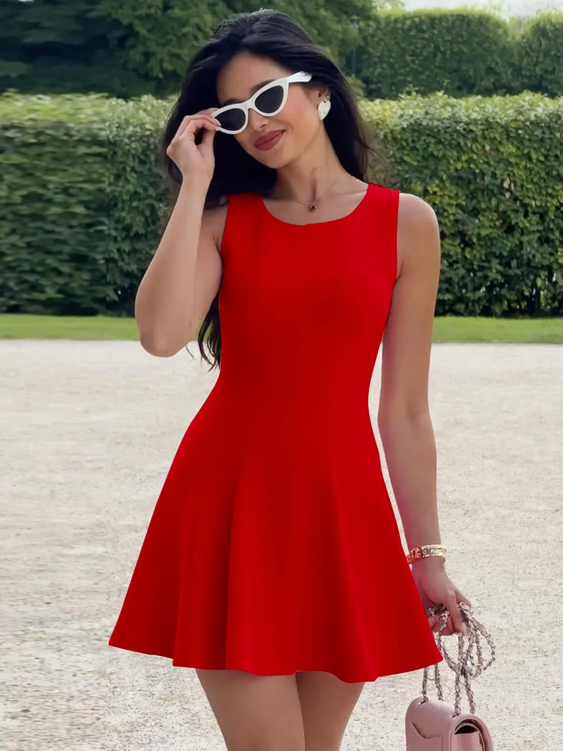 BORIFLORS Women's Boat Neck A-Line Flowy Ruffle Hem Mini Dress Casual Sleeveless Party Short Dresses