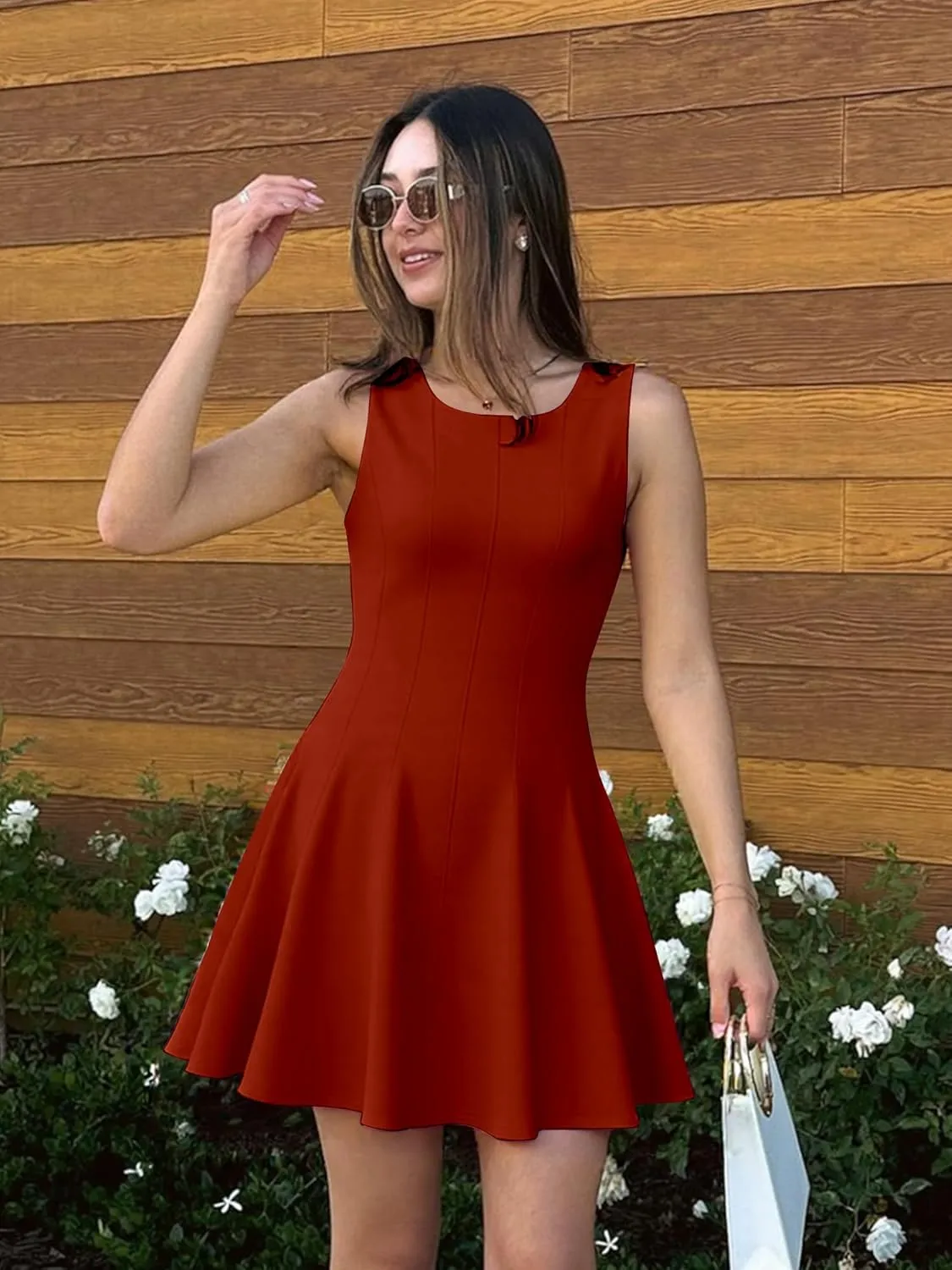 BORIFLORS Women's Boat Neck A-Line Flowy Ruffle Hem Mini Dress Casual Sleeveless Party Short Dresses