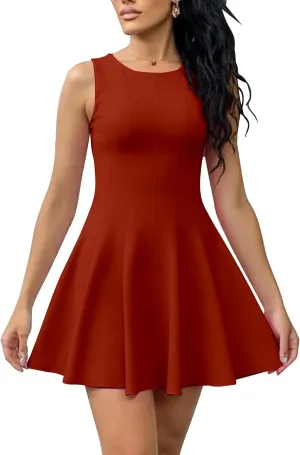 BORIFLORS Women's Boat Neck A-Line Flowy Ruffle Hem Mini Dress Casual Sleeveless Party Short Dresses