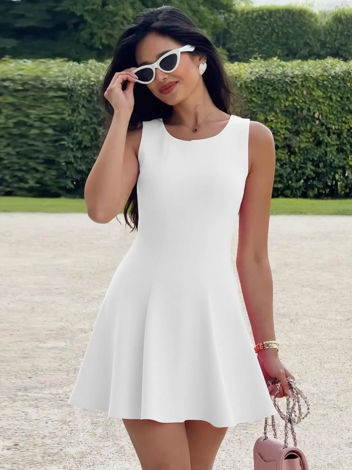 BORIFLORS Women's Boat Neck A-Line Flowy Ruffle Hem Mini Dress Casual Sleeveless Party Short Dresses
