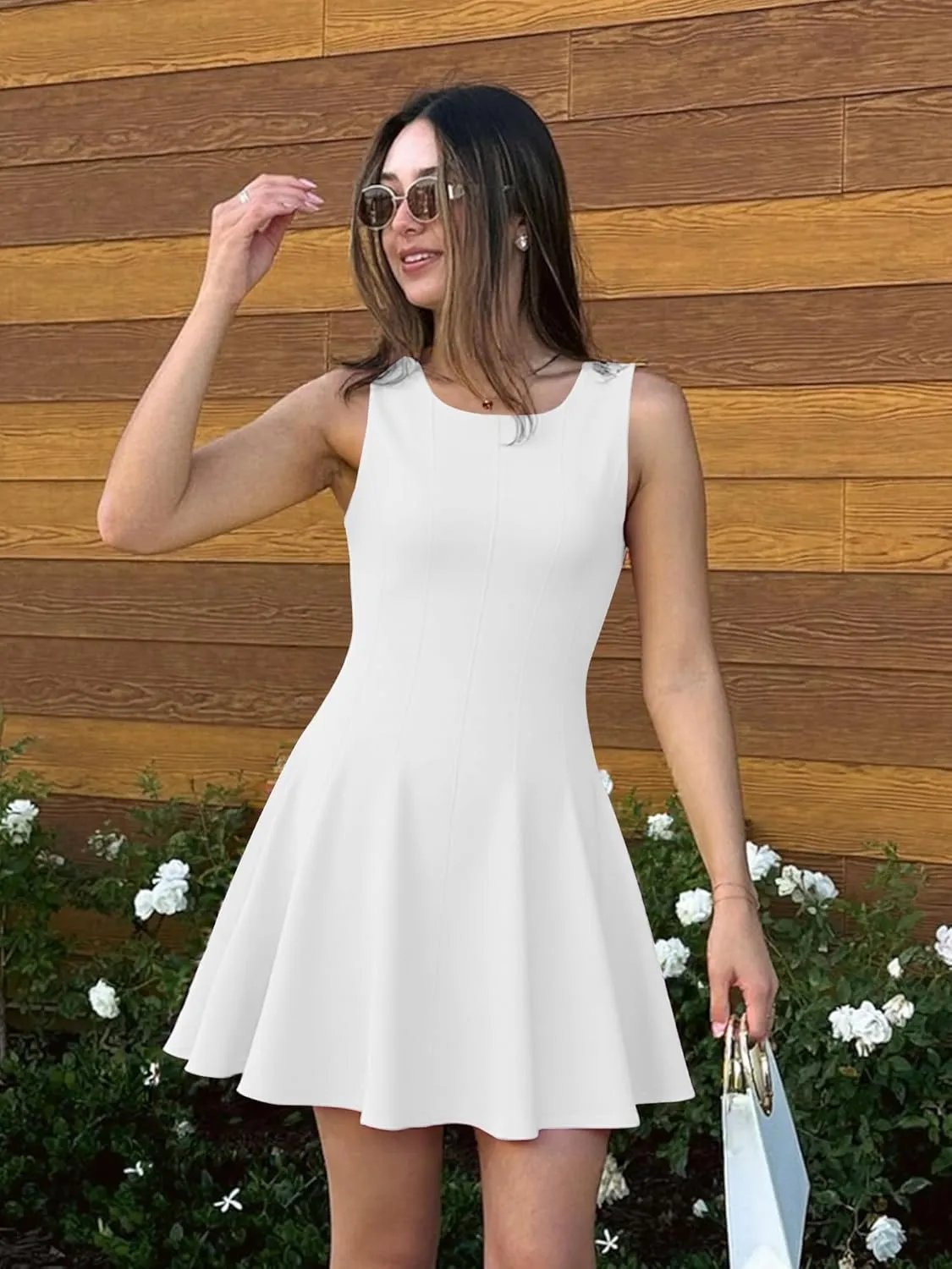 BORIFLORS Women's Boat Neck A-Line Flowy Ruffle Hem Mini Dress Casual Sleeveless Party Short Dresses