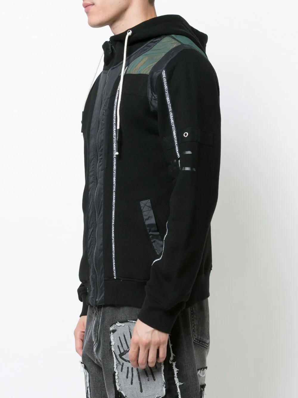 BRANDED TAPING MIXED FABRIC ZIP UP HOODIE