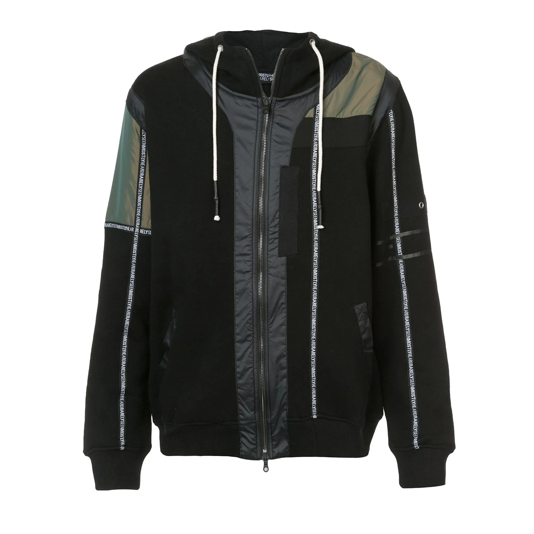 BRANDED TAPING MIXED FABRIC ZIP UP HOODIE