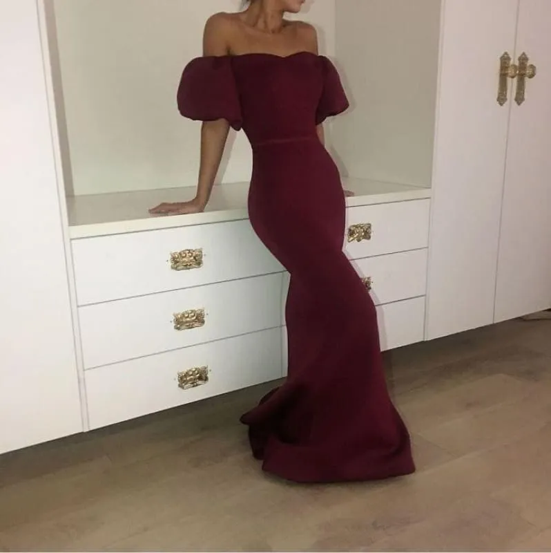 Bridelily Elegant Maroon Mermaid Prom Dresses | Short Puffy Sleeves Formal Dresses