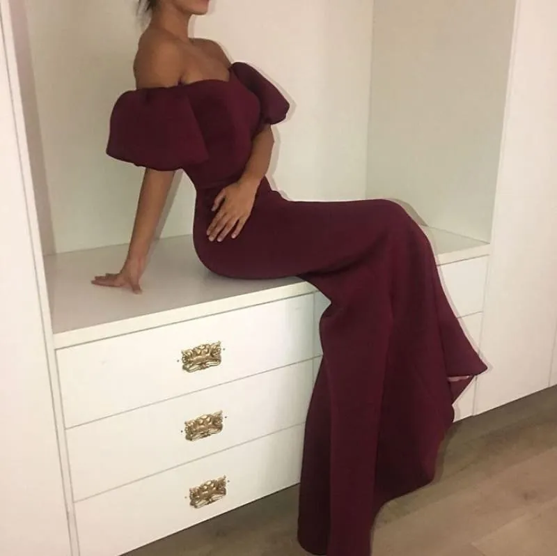 Bridelily Elegant Maroon Mermaid Prom Dresses | Short Puffy Sleeves Formal Dresses