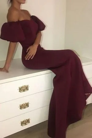 Bridelily Elegant Maroon Mermaid Prom Dresses | Short Puffy Sleeves Formal Dresses