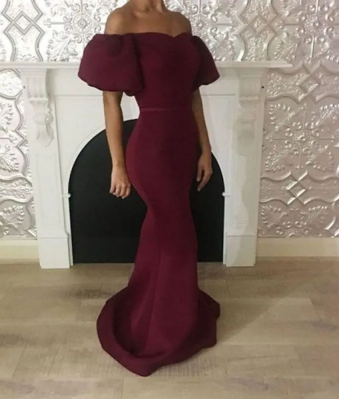 Bridelily Elegant Maroon Mermaid Prom Dresses | Short Puffy Sleeves Formal Dresses