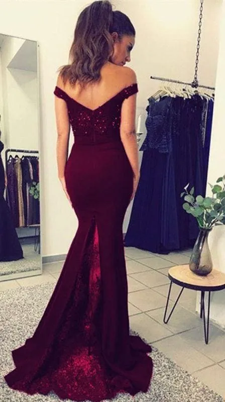 Bridelily Elegant Off-the-Shoulder Mermaid Lace Beadings Long Evening Dress