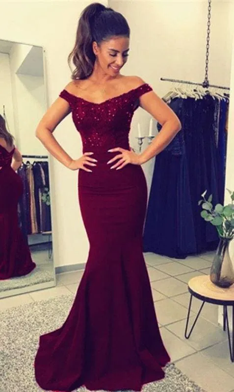 Bridelily Elegant Off-the-Shoulder Mermaid Lace Beadings Long Evening Dress