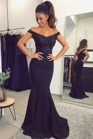 Bridelily Elegant Off-the-Shoulder Mermaid Lace Beadings Long Evening Dress