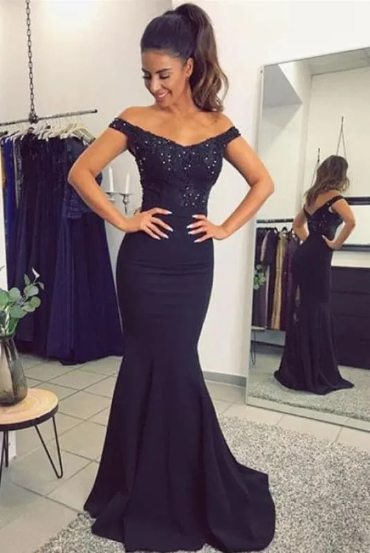 Bridelily Elegant Off-the-Shoulder Mermaid Lace Beadings Long Evening Dress