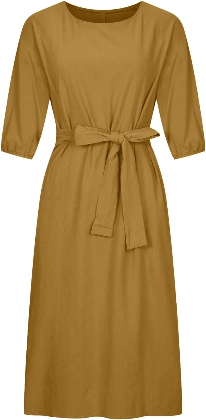 Business Dress for Women Solid Color Tie Waist Knee Length Long Sleeve Dresses Casual Loose Plus Size Office Dress
