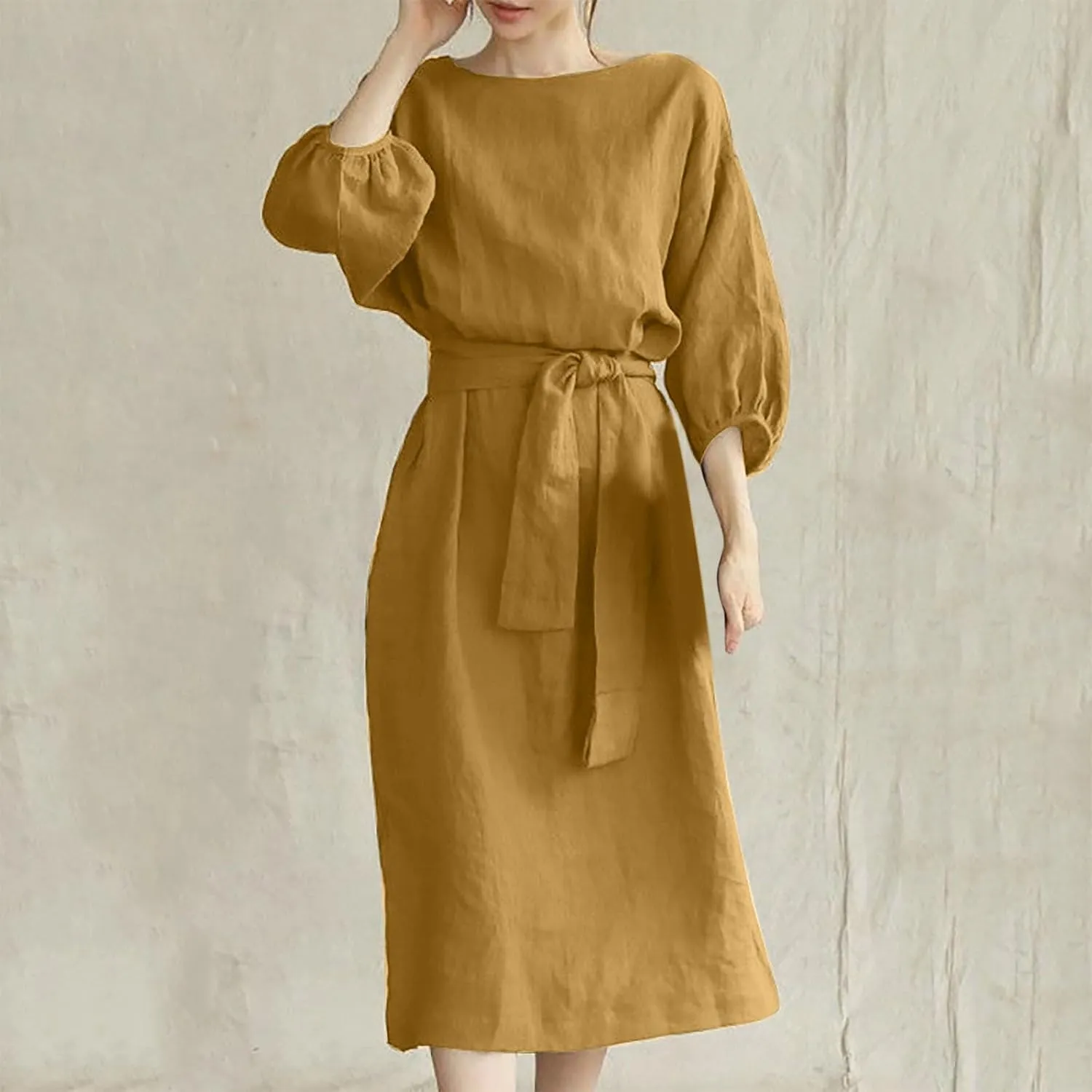 Business Dress for Women Solid Color Tie Waist Knee Length Long Sleeve Dresses Casual Loose Plus Size Office Dress